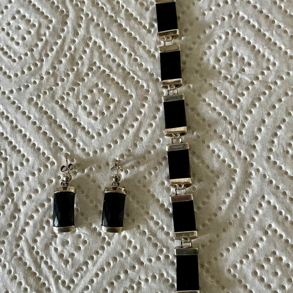 Sterling Silver Black Onyx Brecelet and Earrings Set